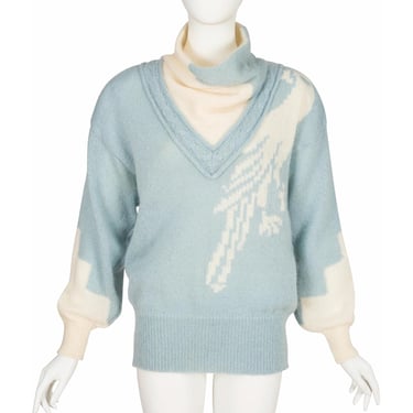 Escada 1980s Vintage Peacock Mohair Intarsia Knit Turtleneck Sweater 