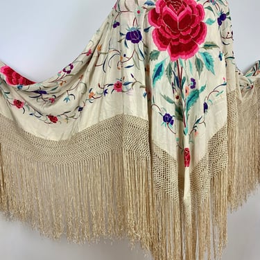 1920'S PIANO SHAWL - All Silk - Elaborate Embroidered Flowers on a Champagne Colored Silk - Woven Fringe - 96 Inch Square with Fringe 