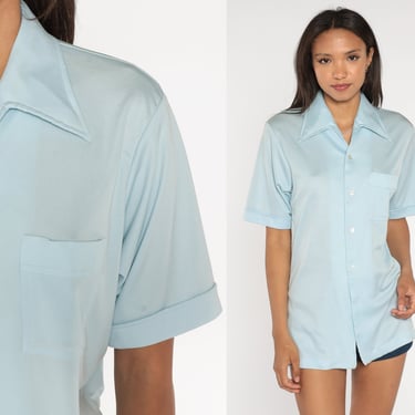 70s Button Up Shirt Baby Blue Oxford Shirt Dagger Collar Shirt Pastel 1970s Disco Top Vintage Collared Plain Short Sleeve Men's Medium 