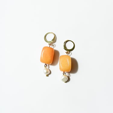 Amber Quartz Huggie Hoops | Orange Stone Lightweight Dangle Earrings, Contemporary Sophisticated Handmade Jewelry, Pearl Drop Earring 