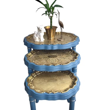 Vintage Wood Faux Bamboo & Brass Nesting Tables | x3 Blue Occasional Tables | Removable Ornate Brass Serving Trays | Chinoiserie Chic Stands 