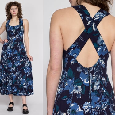 Medium 90s Cross Back Blue Floral Maxi Dress | Vintage Grunge Sweetheart Neck Boho Sundress 