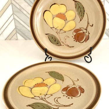 Retro Granada Stoneware Salad Plates, Made in Japan, Set of 2, Yellow & Orange Flowers, Brown Stripe Rim, Vintage Bread Dessert Plate, 