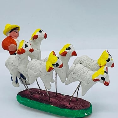 Vintage Mexican Folk Art Pottery MAN Herding Sheep Figurine- 6.5