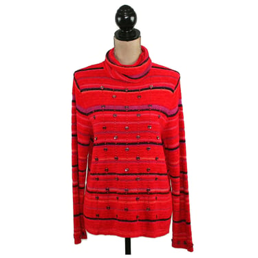 M Petite - 90s Red Striped Oversized Turtleneck Tunic, Chenille Sweater Knit Warm Winter Clothes, Women Vintage Clothing Medium SIGRID OLSEN 