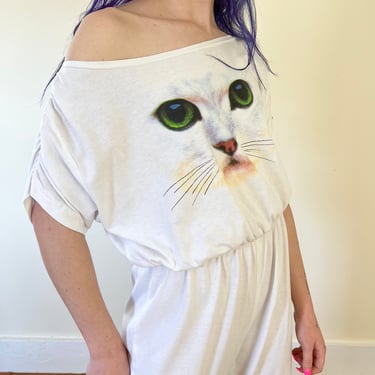 80’s/90’s Fredericks of Hollywood White Rouched Shoulder Cat Face Graphic T-Shirt Jersey Jumpsuit Off the Shoulder