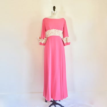 1960's Emma Domb Pink Crepe Long Dress Creme Lace Cuffs and Trim 60's Formal Party Gowns Dresses  30