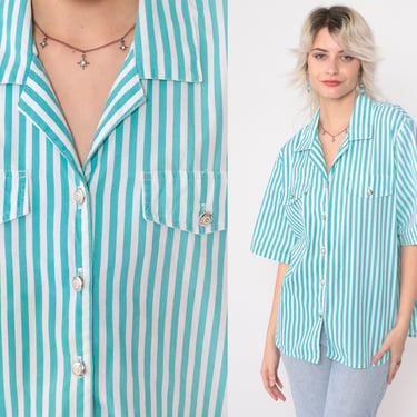 Aqua Blue Striped Blouse 90s Button Up Shirt White Vertical Stripes Collared Top Retro Preppy Short Sleeve Casual Vintage 1990s Large L 