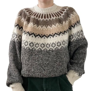 Vintage Womens Hand Knit Brown Alpaca Fair Isle Oversized Nordic Sweater Sz XL 