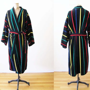Vintage Striped Bath Robe Small - Black Primary  Multicolor Stripe 80s Terrycloth Robe - Thick Bath Robe - Unisex Belted Robe - Lounge Robe 