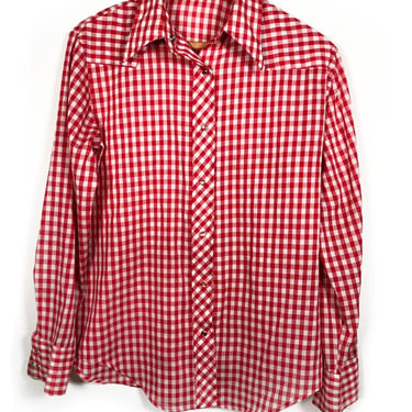 50's Vintage Red & White Check Western Shirt Palladium Pearl Snap, 1950's, 1960's, Gingham, Rockabilly, Long Sleeve Oxford Cowboy Cowgirl 