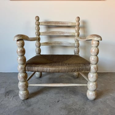 Vintage Italian Design Carved Wood Bobbin Style Lounge Chair With Rush Seat and Cushions 