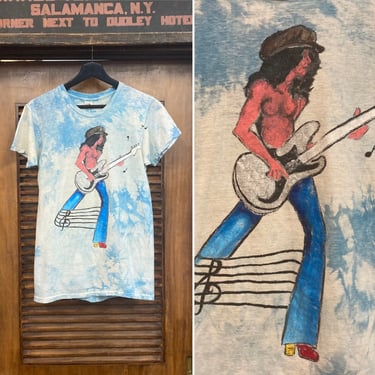 Vintage 1970’s Original Cotton Topless Rocker Artwork Guitar Player Musician Rock n’ Roll T-Shirt, 70’s Tee Shirt, Vintage Clothing 