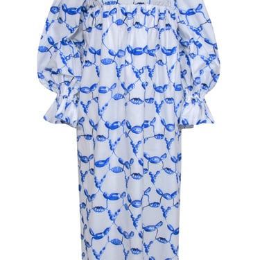 Rosie Assoulin- White &amp; Blue Scalloped Off-the-Shoulder Dress Sz 0