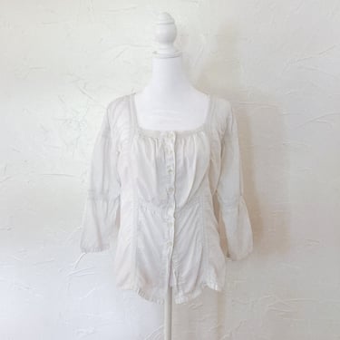 90s Romantic White Cotton 3/4 Sleeve Romantic Button Front Blouse | Medium/Large 