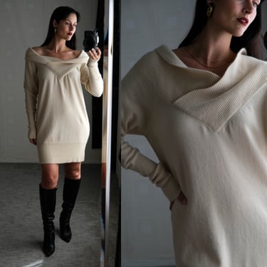 STELLA McCARTNEY Neutral Cream Angora Cowl V-Neck Sweater Dress | Made in Italy | Wool/Angora | Y2K 2000s Designer Cozy Fall Winter Sweater 