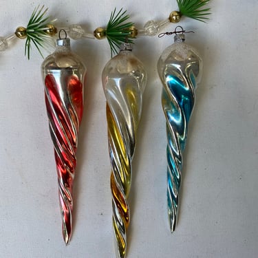 Vintage Spiral Icicle Silver Ornament, Color Your Choice, Christmas Ornament, Pointed Ornament, Glitter Snow Cap Top, Blown Glass, Unmarked 