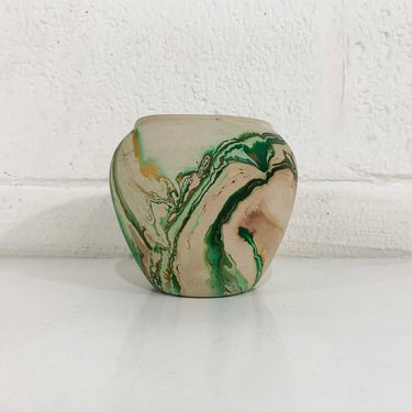 Vintage Nemadji Art Pottery Vase Swirl Handmade USA Mini Flower Green Brown Swirl Vanity Seven Falls Colorado MCM Beige 1970s 