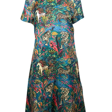 La DoubleJ - Blue, Teal, & Pink Jungle Print Silk Mini Swing Dress Sz L