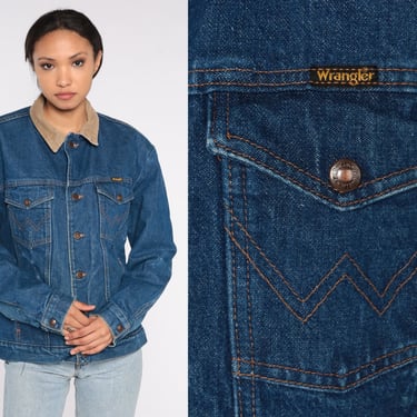 Wrangler Denim Jacket 90s Blue Jean Jacket Dark Wash Biker Trucker Blanket Lined Coat Boyfriend Retro Normcore Vintage 1990s Mens Large 44 