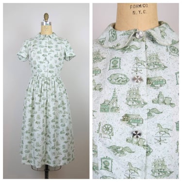 Vintage 1950s novelty print shirtwaist dress, cotton, fit and flare, peter pan collar, light academia 