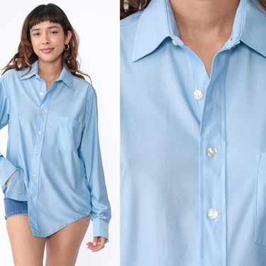 Baby Blue Button Up Shirt 70s Oxford Shirt Dagger Collar Light Blue Top Long Sleeve Plain Preppy Retro Vintage 1970s Men's Medium 15 1/2 34 