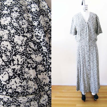 90s Black Floral Grunge Maxi Dress M L - Vintage 1990s Liz Claiborne Long Flower Print Maxi Dress Rayon 