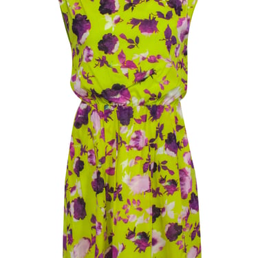 Alice & Olivia - Lime Green Mini Dress w/ Purple Floral Print Sz XS