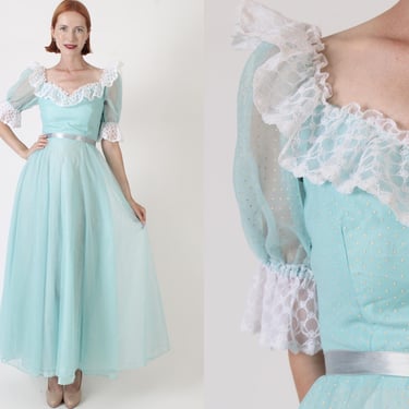 Dance Allure 70s Prom Gown / 19th Century Style Romantic Dress / Vintage Western Saloon Outfit / Off The Shoulder Bridesmaid 