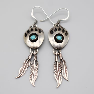 70's sterling turquoise bear claw feather dangles, blue cab 925 silver tribal talisman shadow box earrings 