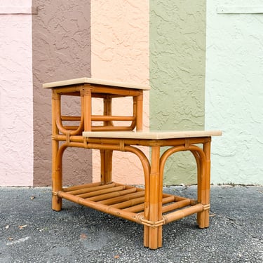 Old Florida Two Tier Rattan Side Table