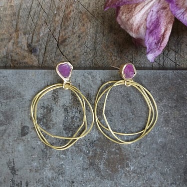 Ruby Guardian Hoops - Brass, Silver + Ruby