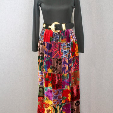 1970s Velvet Patchwork Maxi Dress - Turtleneck - Mock Neck - Jewel Tones - Boho Maxi Dress 