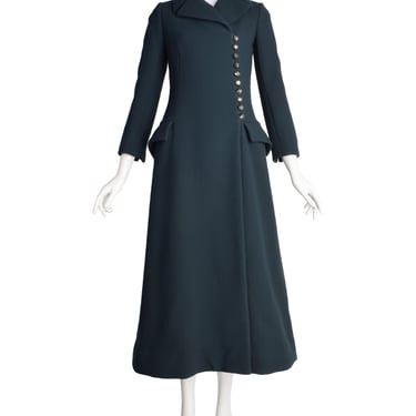 Pauline Trigere Vintage 1960s Mod Deep Green Wool Structured Full Length Coat