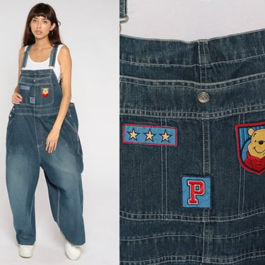 Winnie The Pooh Overalls Y2k Denim Overall Pants Boho Bib Jean Disney Overalls Blue Baggy Cartoon Patches Carpenter Vintage 00s 3xl xxxl 