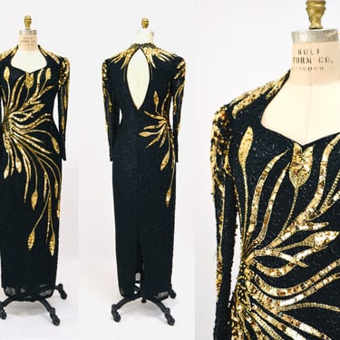 70s 80s GLAM Vintage Black Gold Beaded Sequin Evening Gown Small Medium // 80s 90s Pageant Drag Queen Black beaded Dress Gown Small Medium 