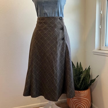 Jones New York 90s Brown Plaid Wrap Button Closure Midi Skirt Size 16 