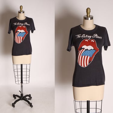 1981 1980s Black, Red, White and Blue Tongue American Flag Rolling Stones North American Tour Band Concert T Shirt -S 
