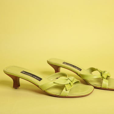 90s Leaf Green Bow Strappy Heels Vintage Tie Strap Minimalistic Sandals 