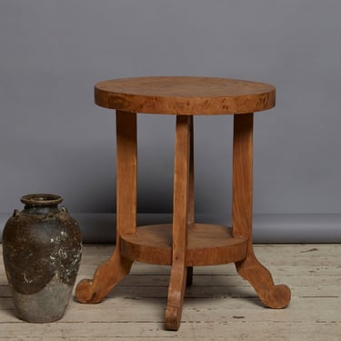 Round Teak Scroll Legged Side Table with a Lower Shelf