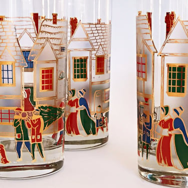 Vintage Culver Christmas Glasses: Set of 4 Highball Cocktail Glasses with Victorian Holiday Village Design, Festive Retro Barware. 