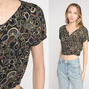 Paisley Crop Top 90s Black Button Up Blouse Boho Cropped Shirt Retro Hipster Short Sleeve Hippie Summer Festival Witchy Vintage 1990s Small 