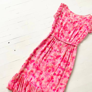 1950s Pink Floral Silk Chiffon Dress 