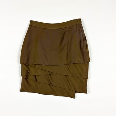 1990s Gianni Versace Olive Green Origami Mini Skirt / Structured / Wool / 26 Waist / Small / Layered / Petals / Asymmetrical / Fall / A Line 