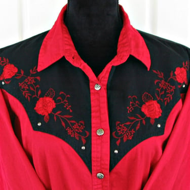 Adobe Rose Vintage Retro Western Women's Cowgirl Shirt, Embroidered Red Roses & Silver Studs, Tag Size 2X, (see meas. photo) 