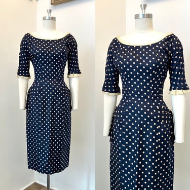 Vintage 1950s Dress / 50s Suzy Perette Polka Dot Silk Dress / Navy Blue White ( XS S ) 