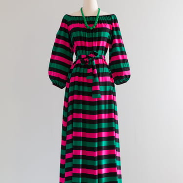 Iconic 1970's Bold HOT Pink & Emerald Striped Maxi Dress By Designer Clovis Ruffin / OS