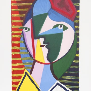 Visage de Femme sur Fond Raye by Pablo Picasso, Marina Picasso Estate Lithograph Poster 