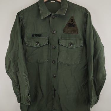 M 70s US Army Hell on Wheels Fatigue Shirt Olive OG 107 Medium Cotton Green 1980s 1960s Vietnam Korea Military Fta 