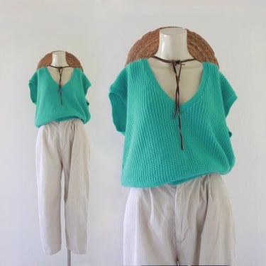 sleeveless knit top - l - vintage 90s sleeveless womens aqua blue turquoise sweater top shirt size large 